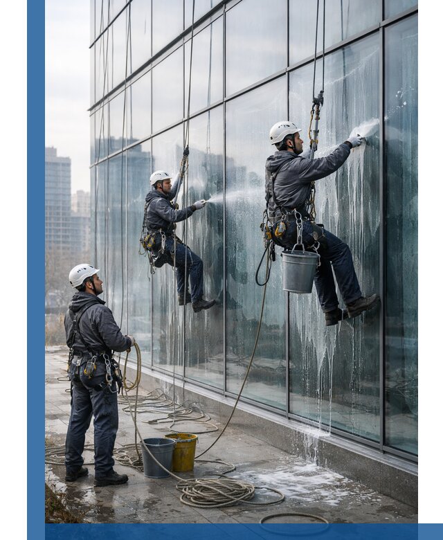 Промышленная мойка панорамных окон на высоте в Чите