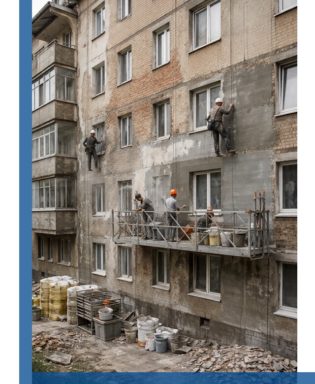 Капитальный ремонт фасада в Чите с восстановлением и гидроизоляцией