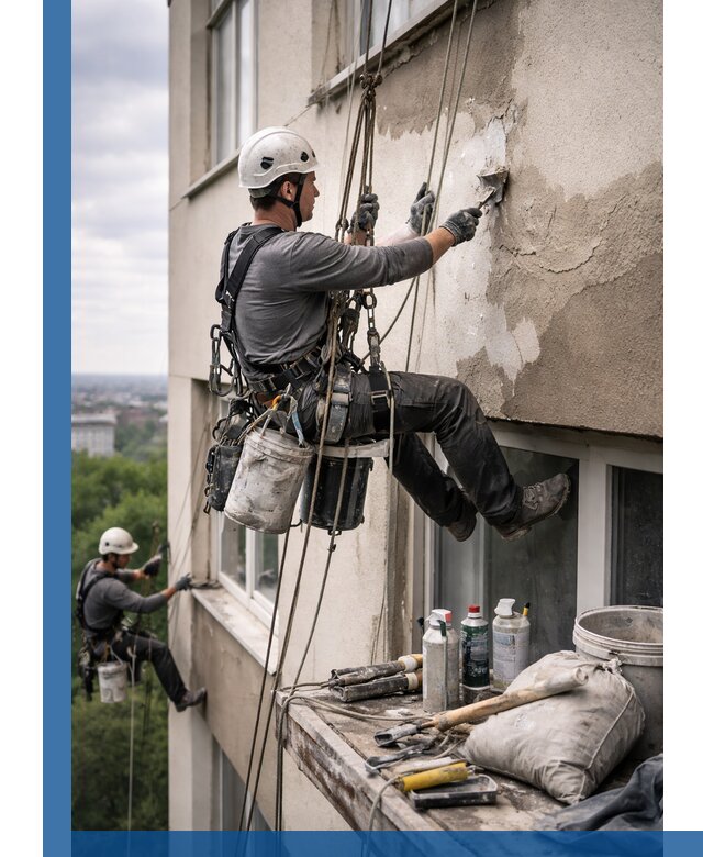 Косметический ремонт фасада зданий в Чите промышленными альпинистами