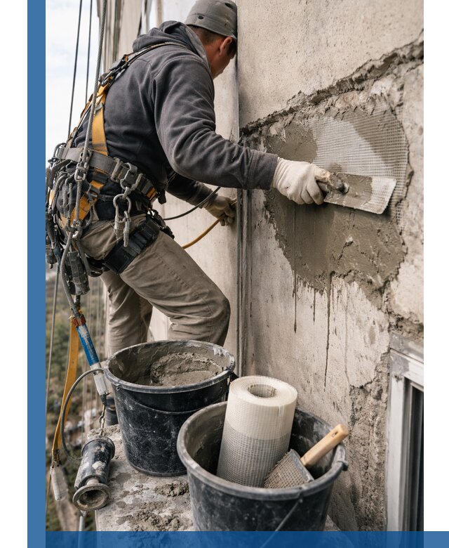 Ремонт бетонных элементов фасада промышленными альпинистами в Чите