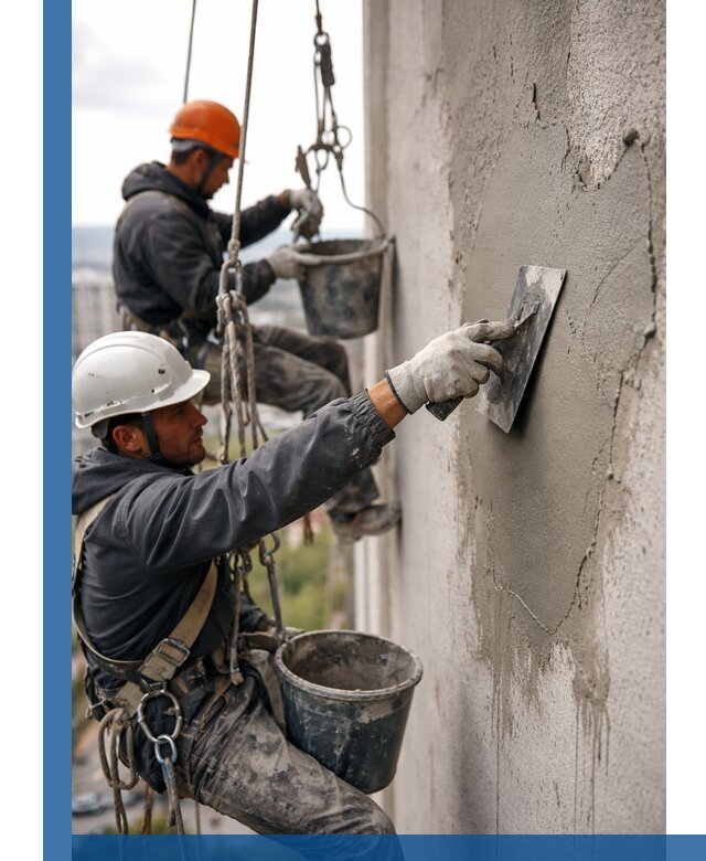 Штукатурка фасада на высоте в Чите профессиональные работы