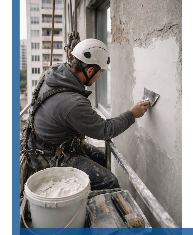 Шпаклевка фасадов на высоте с промальпинистами в Чите