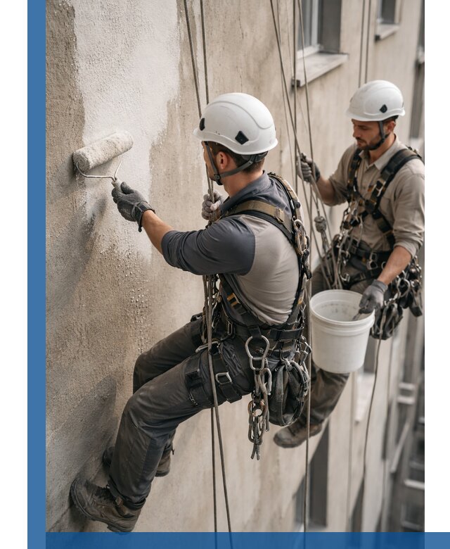 Грунтовка фасада на высоте в Чите промышленными альпинистами