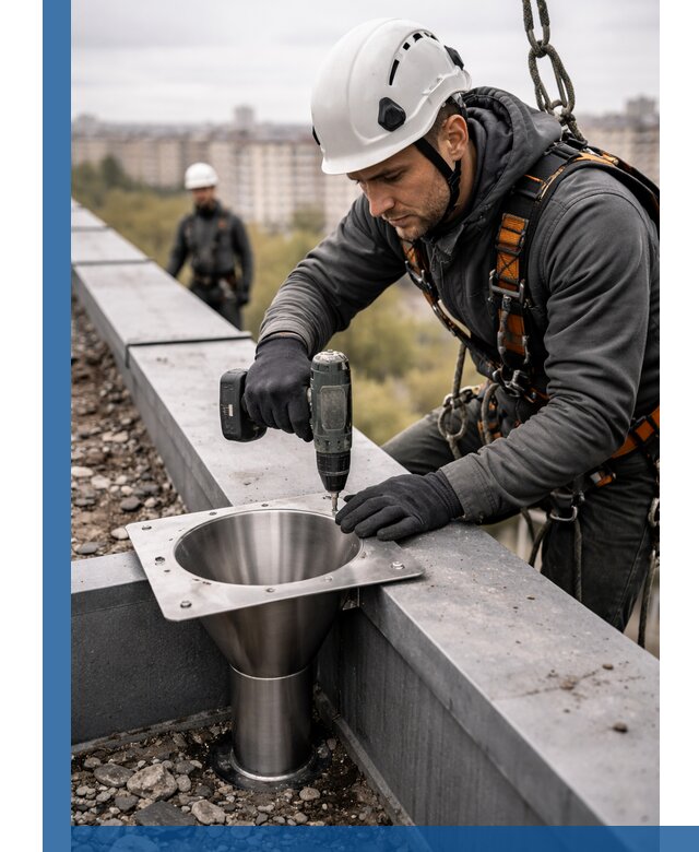 Монтаж водосточных воронок в Чите для промышленных зданий