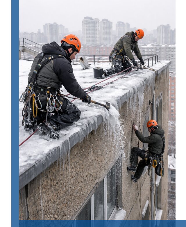 Удаление наледи с кровли в Чите промышленными альпинистами