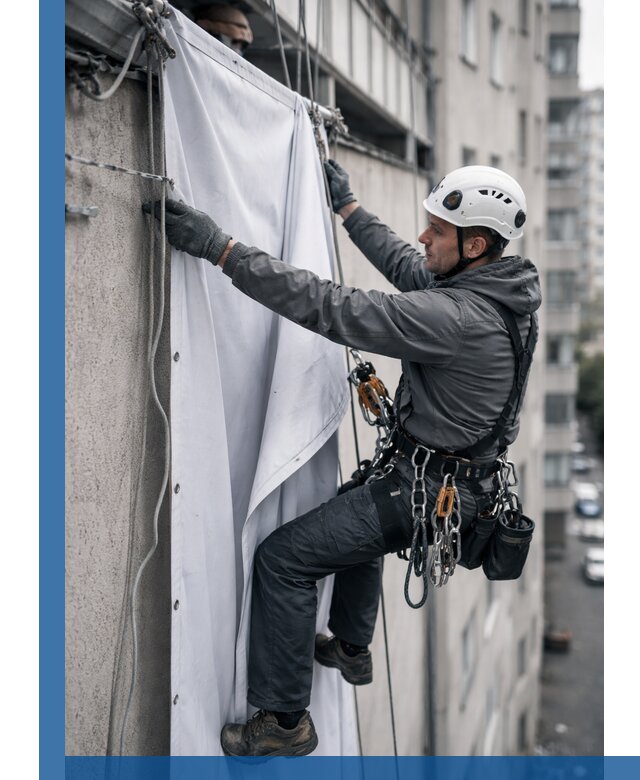 Замена баннерного полотна промышленными альпинистами в Чите