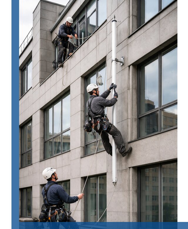 Монтаж флагштока на фасаде здания с креплением и герметикой в Чите