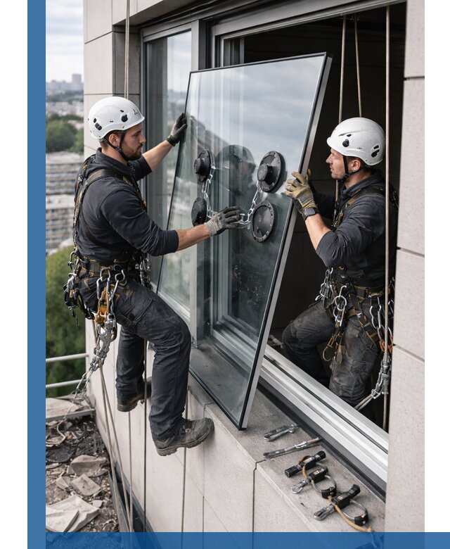 Замена стеклопакетов на высоте с промышленными альпинистами в Чите