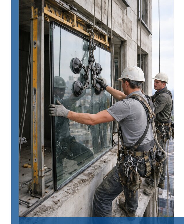 Монтаж стеклопакетов на высоте в Чите с промышленным альпинизмом