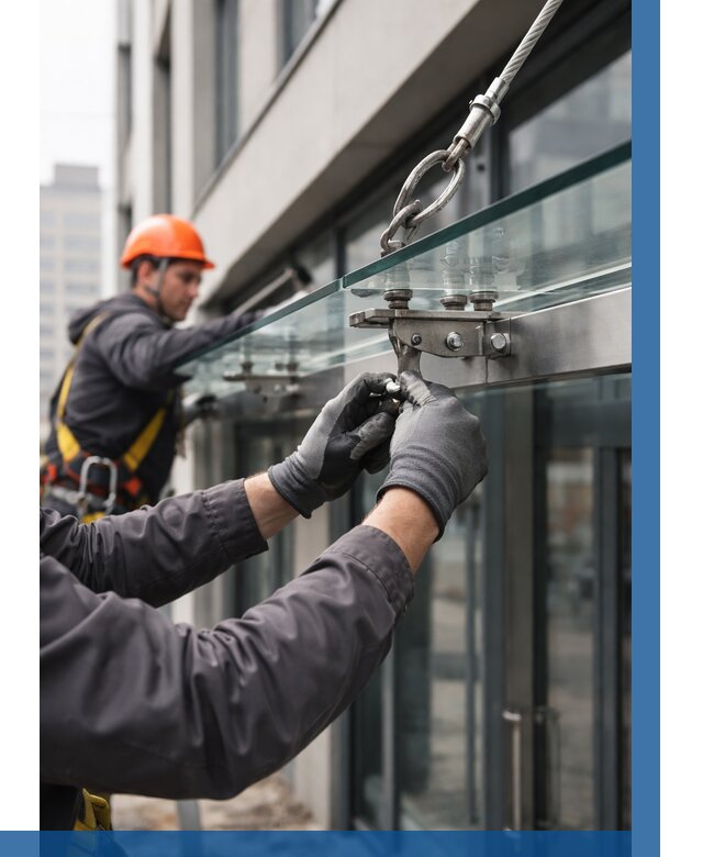 Монтаж стеклянных козырьков в Чите от 8798 р. | ВЫСОТНИК-Чта