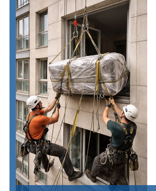 Подъем грузов через окно в Чите промышленными альпинистами