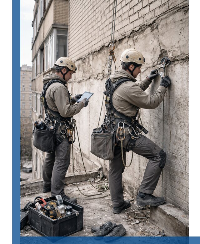 Обследование фасада промышленными альпинистами в Чите